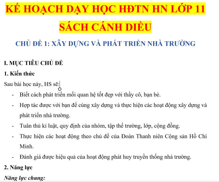 Kế hoạch dạy học hoạt động trải nghiệm hướng nghiệp lớp 11 sách cánh diều 1 Kế hoạch dạy học hoạt động trải nghiệm hướng nghiệp lớp 11 sách cánh diều