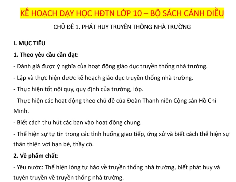 Kế hoạch dạy học hoạt động trải nghiệm lớp 10 bộ sách cánh diều