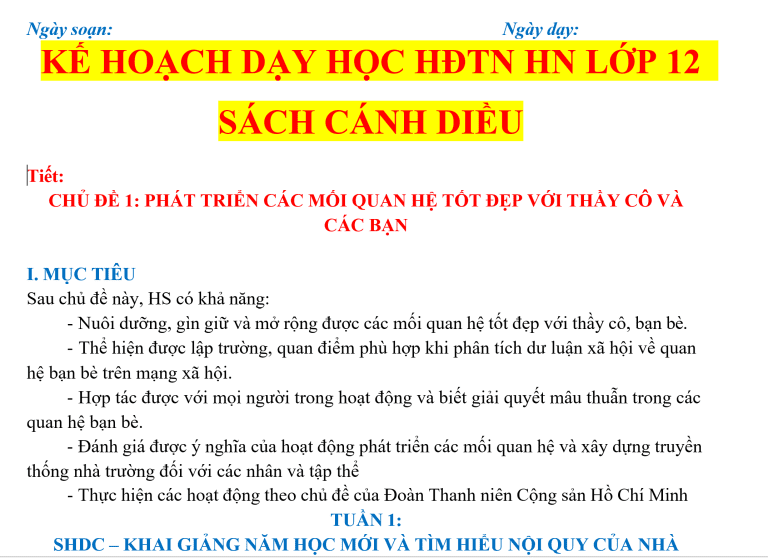 Kế hoạch dạy học hoạt động trải nghiệm hướng nghiệp lớp 12 sách cánh diều