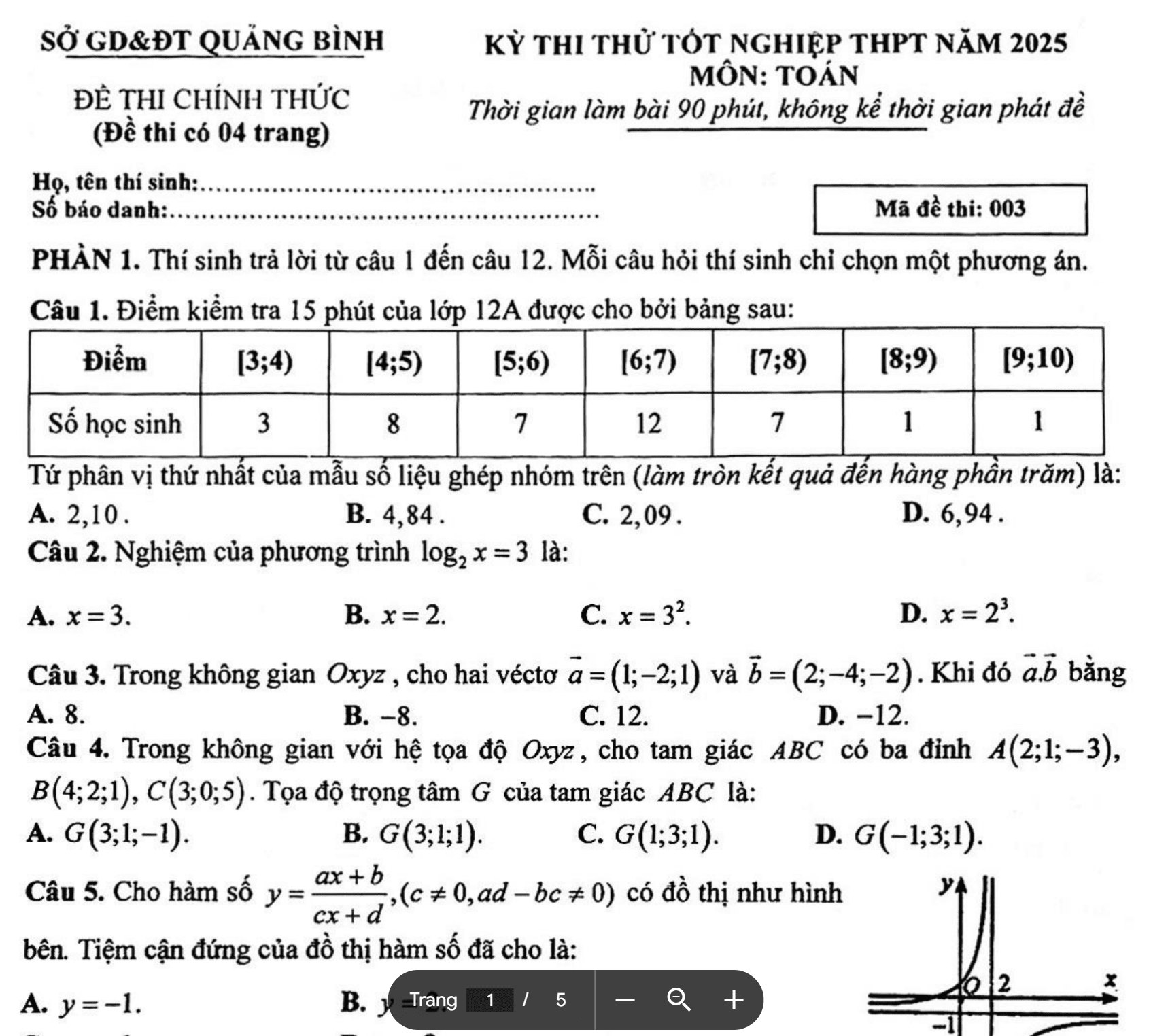 Đề thi thử tốt nghiệp THPT năm 2025 môn Toán sở Giáo dục và đào tạo tỉnh Quảng Bình
