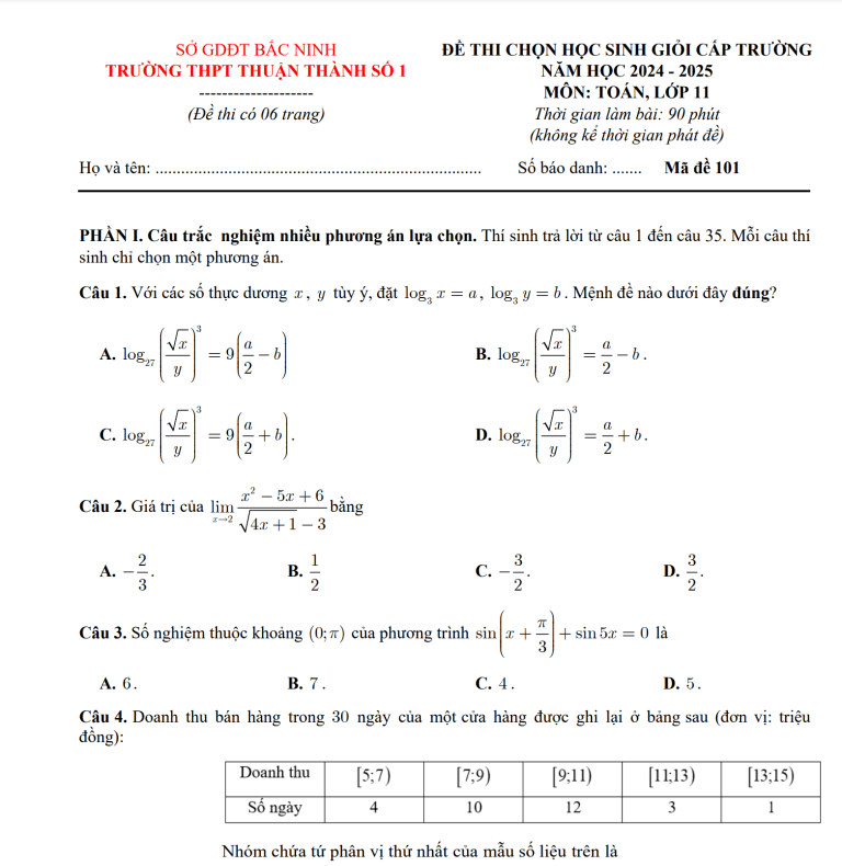 Đề học sinh giỏi Toán 11 năm học 2024 – 2025 trường THPT Thuận Thành 1 tỉnh Bắc Ninh