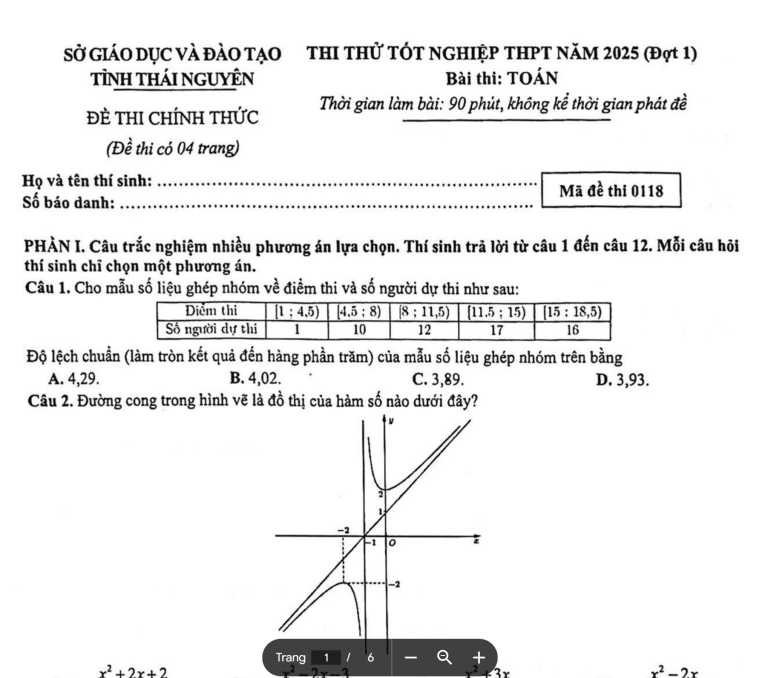 Đề thi thử tốt nghiệp THPT 2025 môn Toán đợt 1 sở giáo dục và đào tạo Thái Nguyên 1 Đề thi thử tốt nghiệp THPT 2025 môn Toán đợt 1 sở giáo dục và đào tạo Thái Nguyên