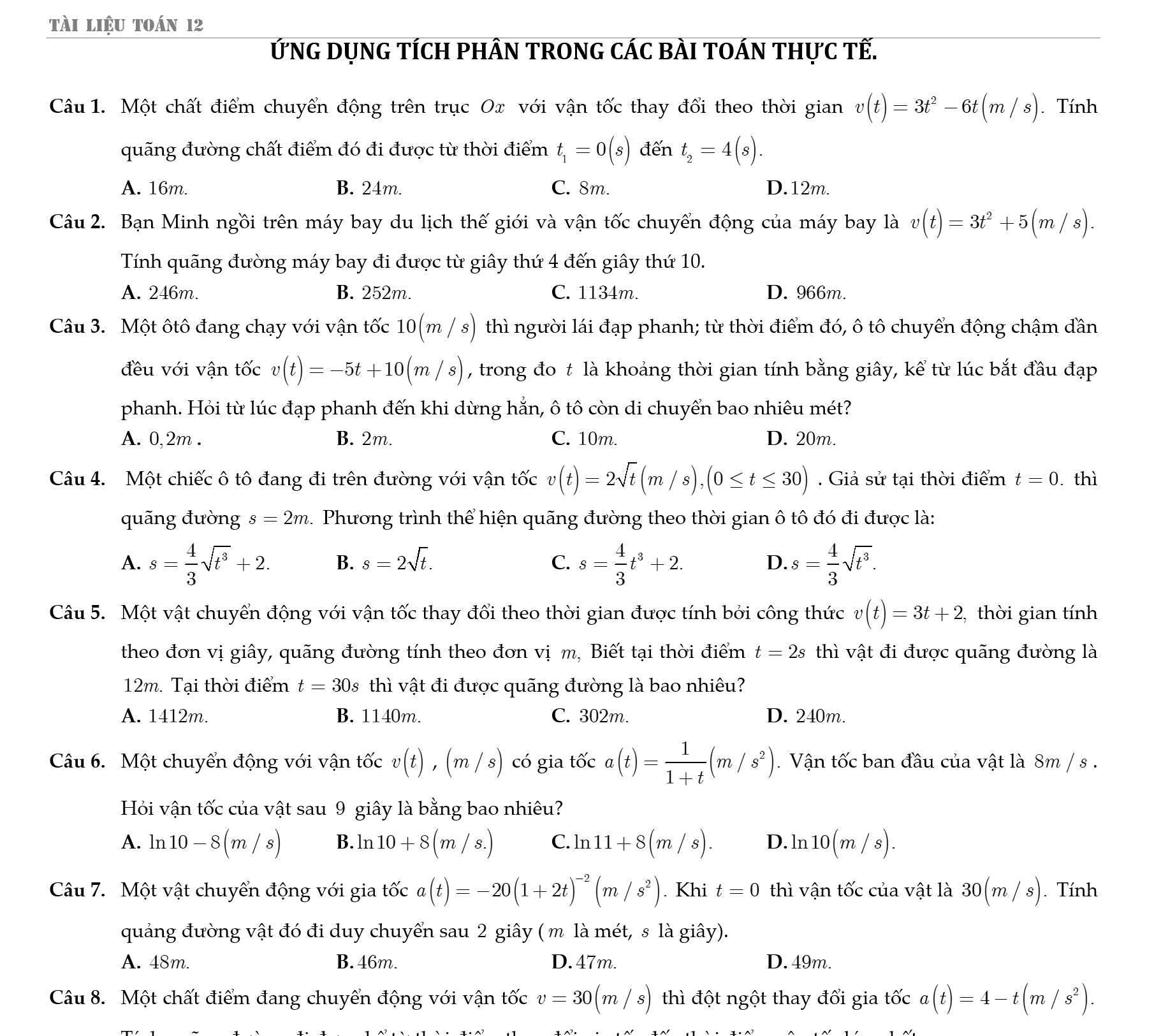 Các bài toán tích phân ứng dụng thực tế Toán 12