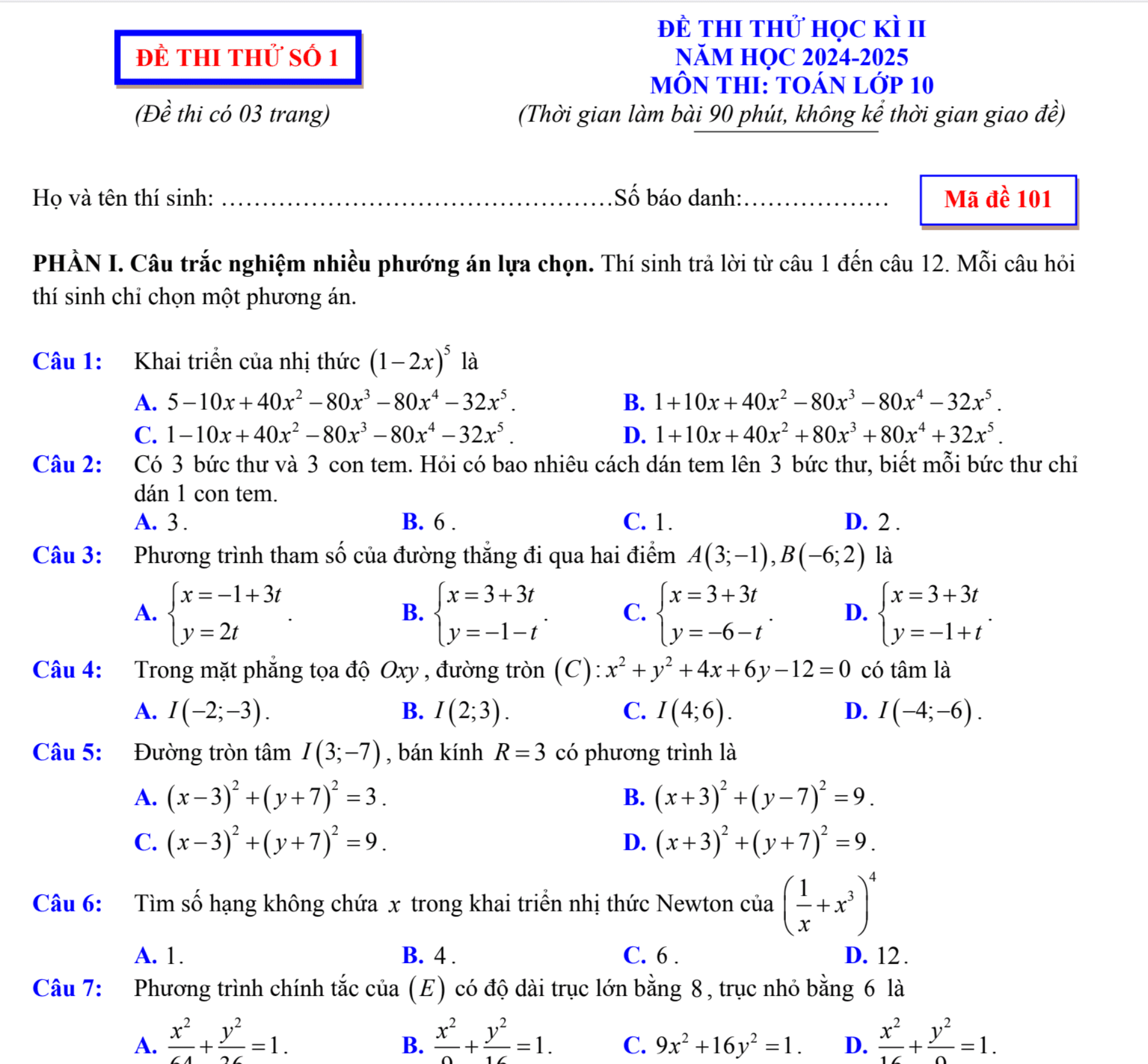 05 đề thi thử cuối học kì 2 môn Toán 10 năm học 2024 – 2025 có đáp án