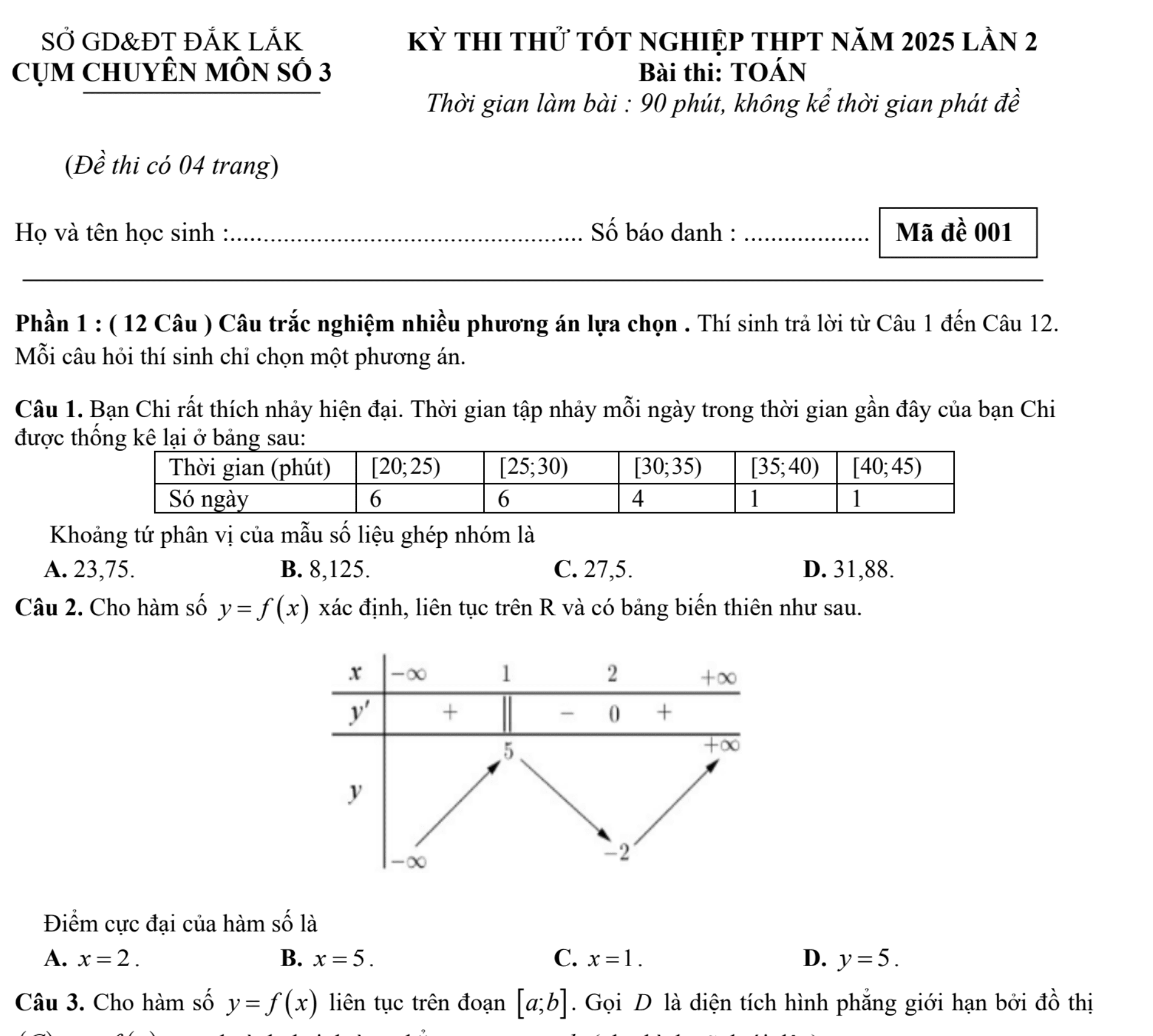 Đề thi thử tốt nghiệp THPT 2025 lần 2 môn Toán cụm chuyên môn số 3 – Đắk Lắk