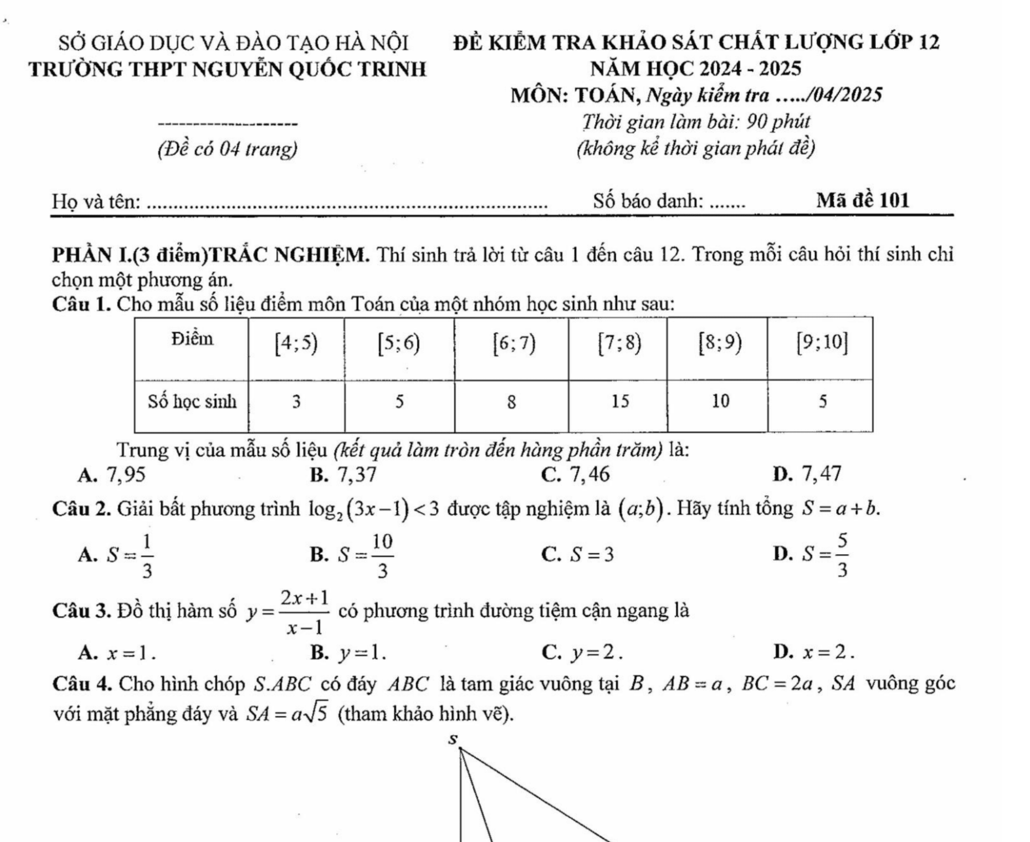 Đề kiểm tra khảo sát chất lượng môn Toán 12 năm 2024 – 2025 trường THPT Nguyễn Quốc Trinh – Hà Nội