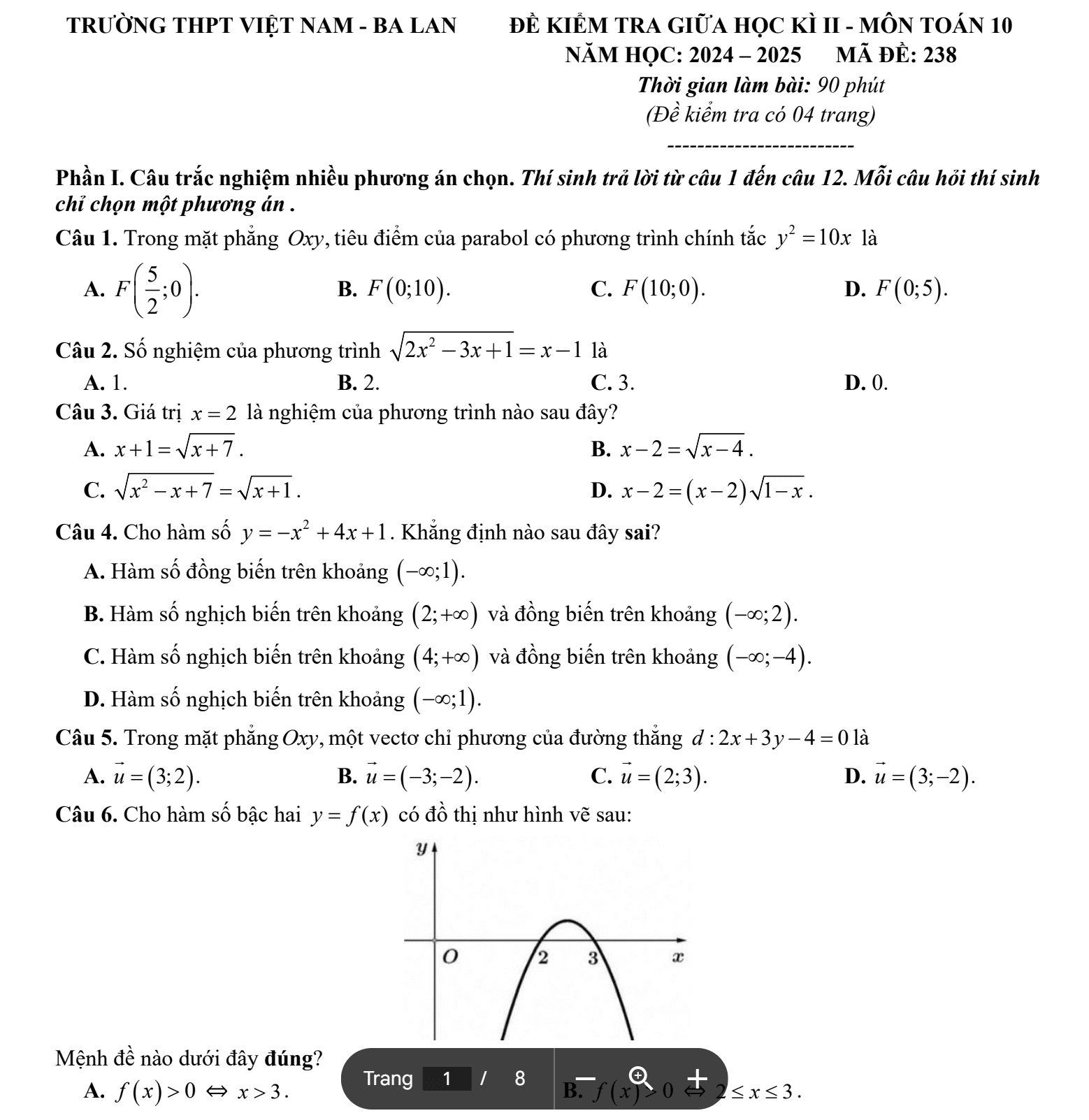 Đề kiểm tra giữa kỳ 2 Toán lớp 10 trường THPT Việt Nam Ba Lan Hà Nội năm 2024-2025