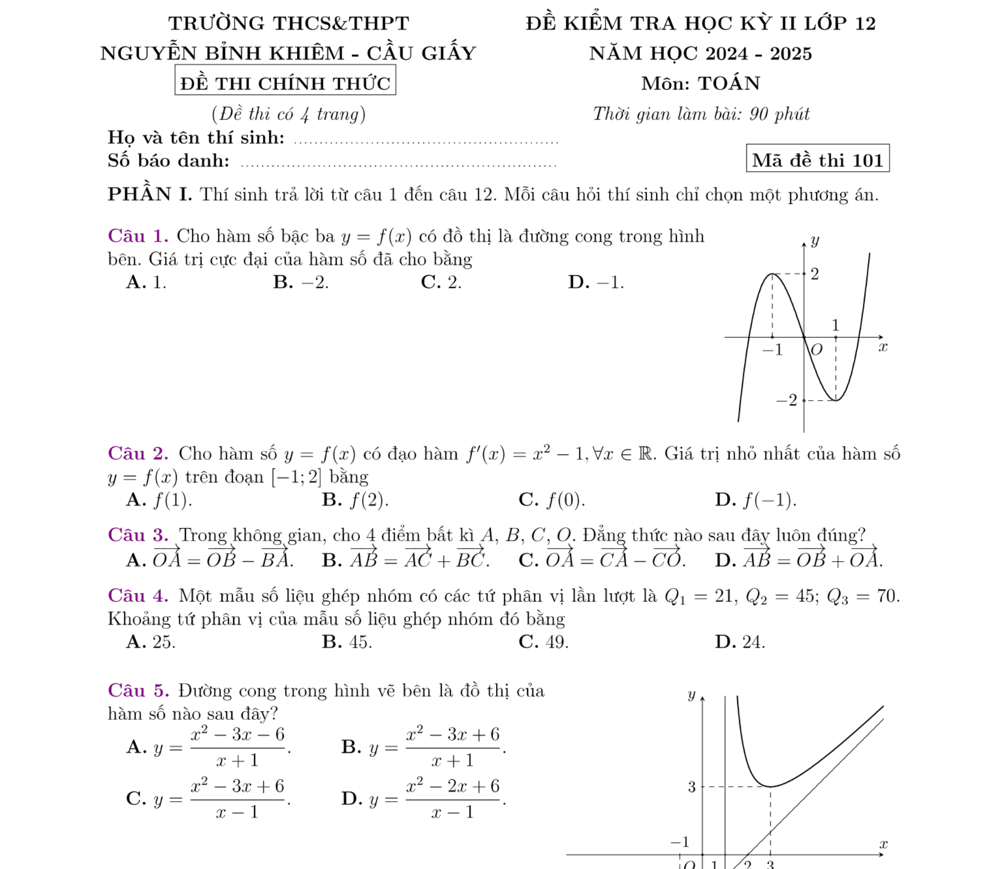 Đề HK2 lớp 12 môn Toán Nguyễn Bỉnh Khiêm Hà Nội 2024 2025