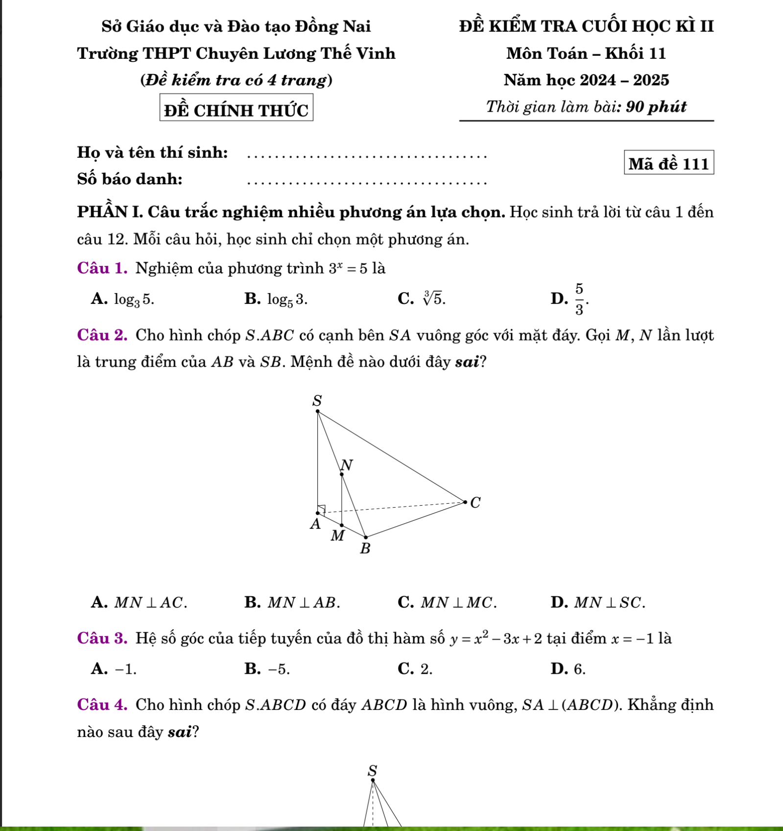Đề cuối kì 2 Toán 11 năm 2024 – 2025 trường chuyên Lương Thế Vinh – Đồng Nai