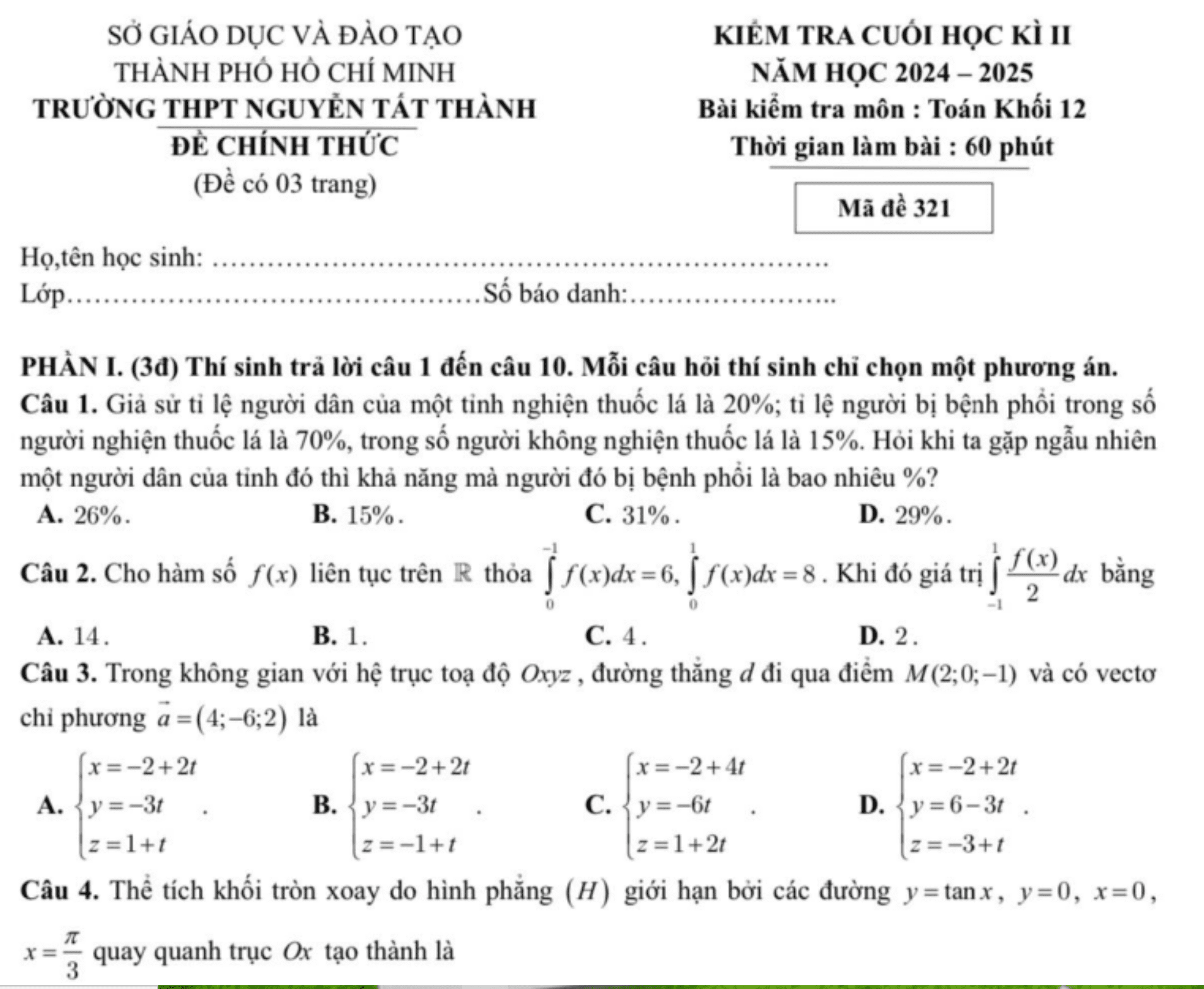 Đề cuối học kì 2 Toán 12 năm 2024 – 2025 trường THPT Nguyễn Tất Thành – TP HCM