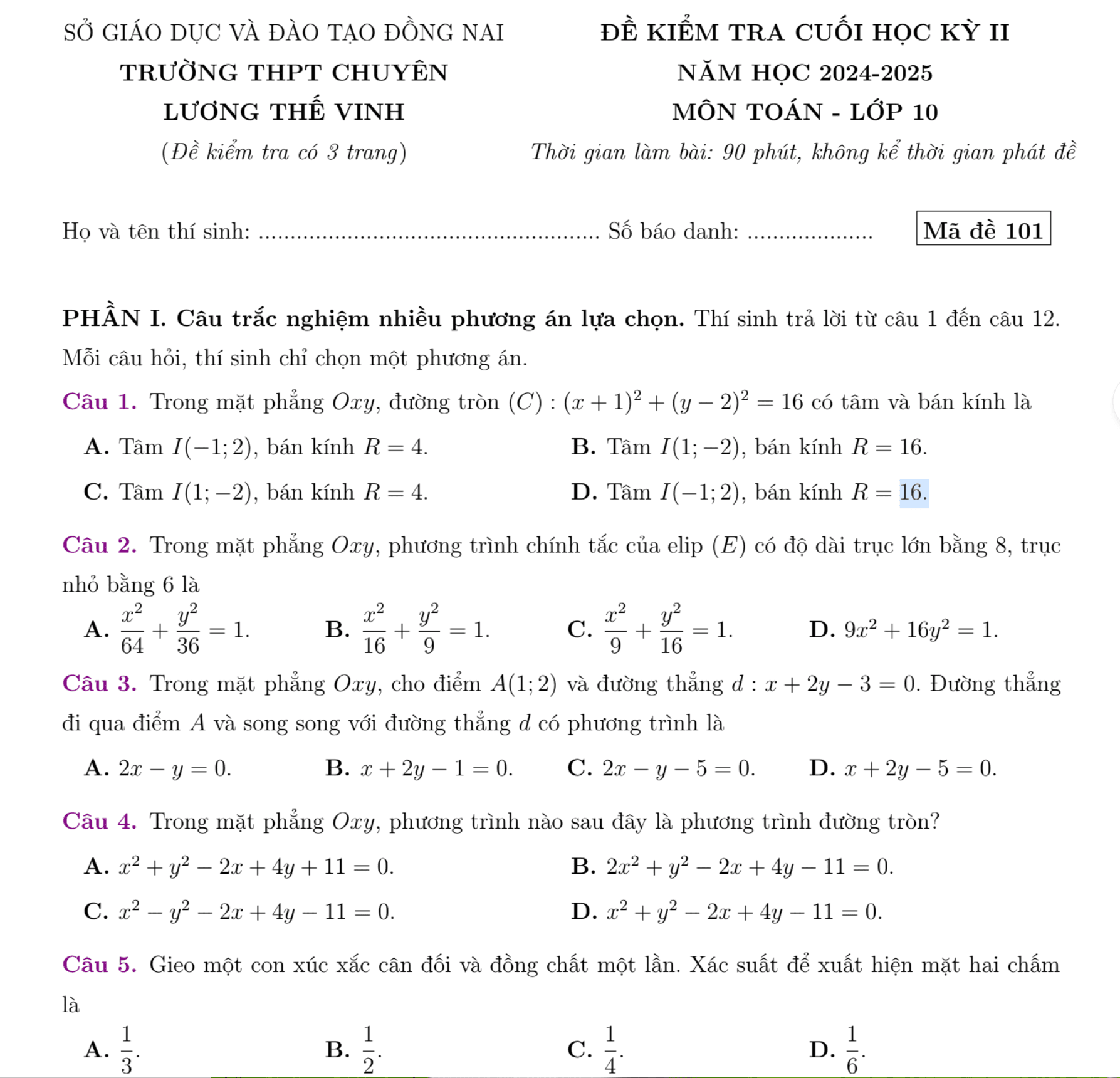 Đề cuối kì 2 Toán 10 năm 2024 – 2025 trường chuyên Lương Thế Vinh – Đồng Nai