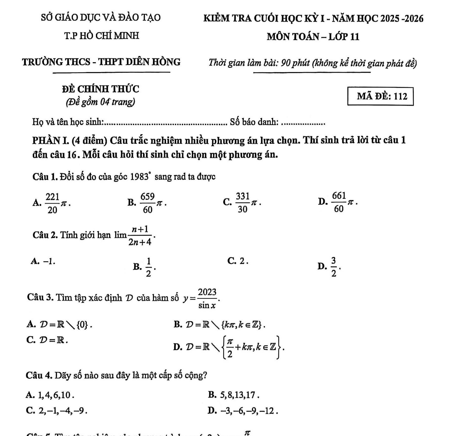 Đề cuối kỳ 1 lớp 11 Toán lớp 11